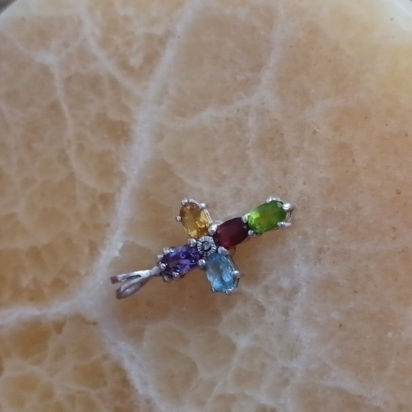 Multi Gem Stone Sterling Silver Cross Pendant - Picture 4 of 8